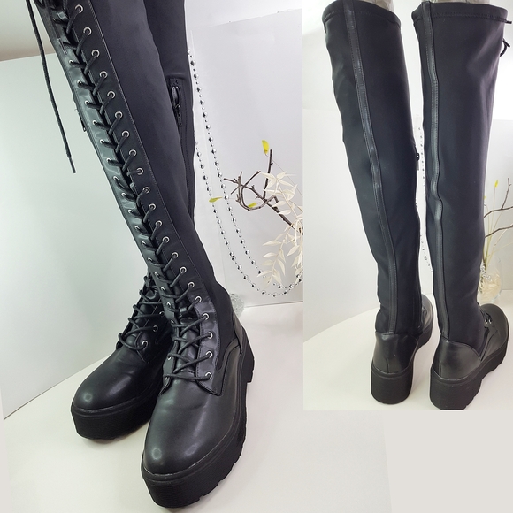 🔥Over Knee Lace-Up Zipped Black Platform Stretchy Socks Boots - Picture 4 of 10